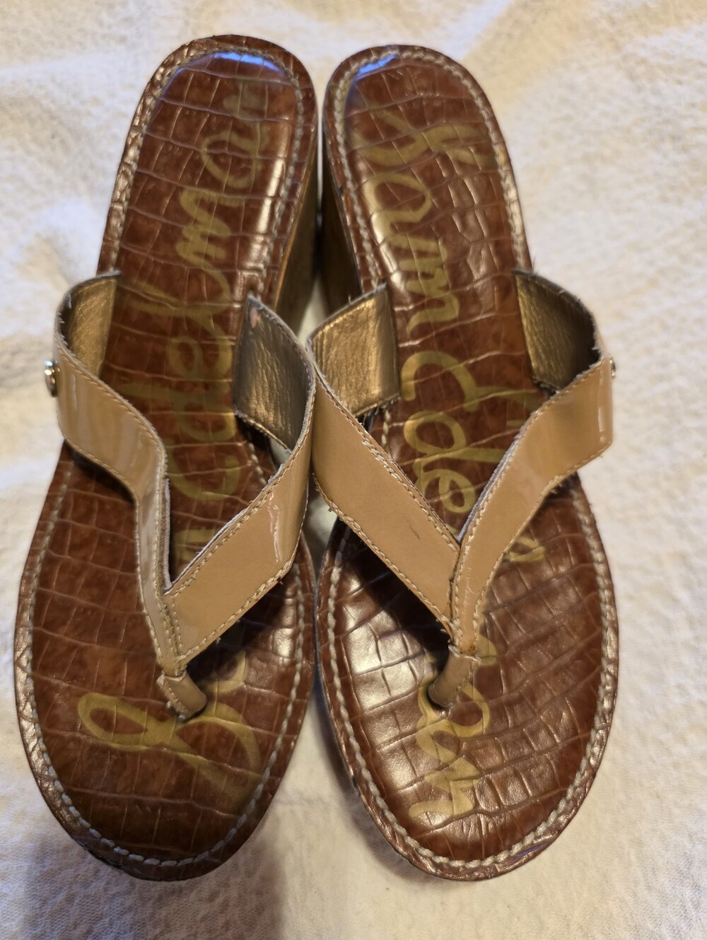 Sam Edelman Beige Patent Leather Wedge Thong Sandals